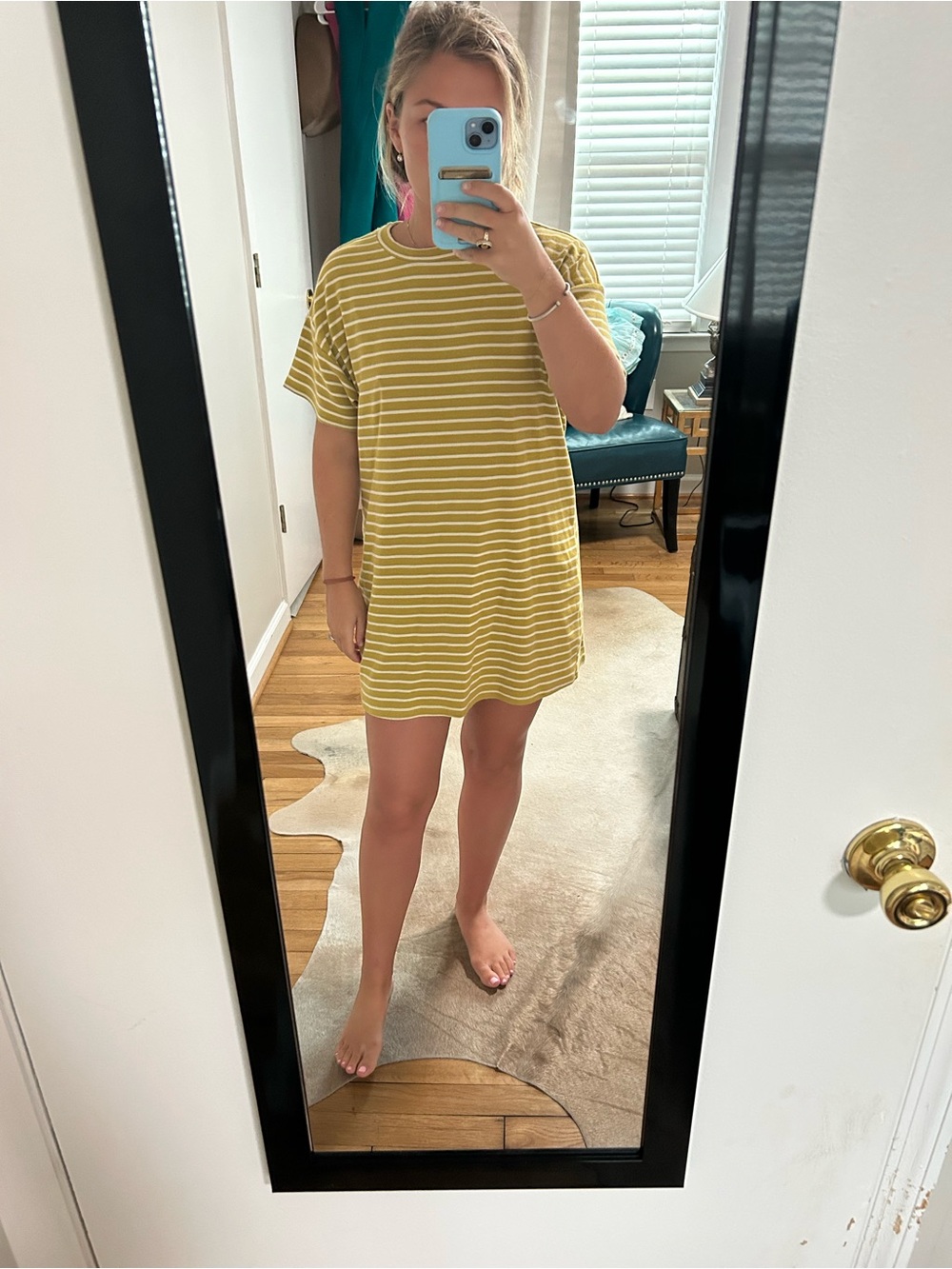 superdown Mustard Yellow & White Striped Mini Tee Dress